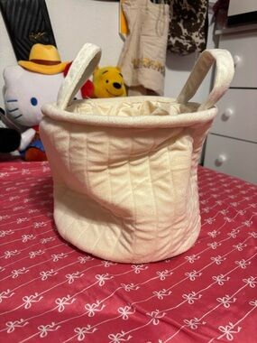 Quilted Cream Fabric Tote Basket with Handles